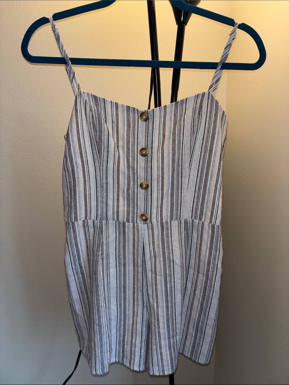 Altar'd State Striped Buttoned Romper Blue, Cream, White, Yellow, Green, Black